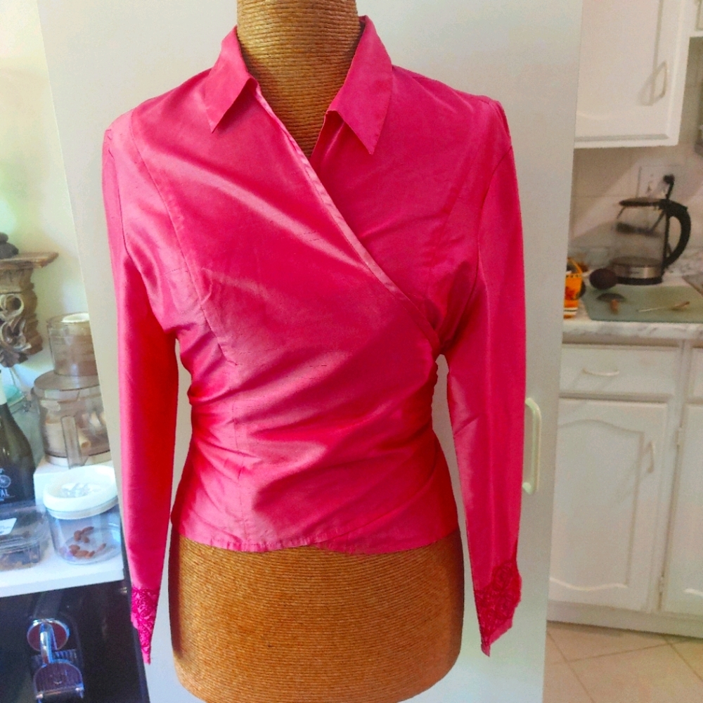 Raw silk hot pink wrap blouse